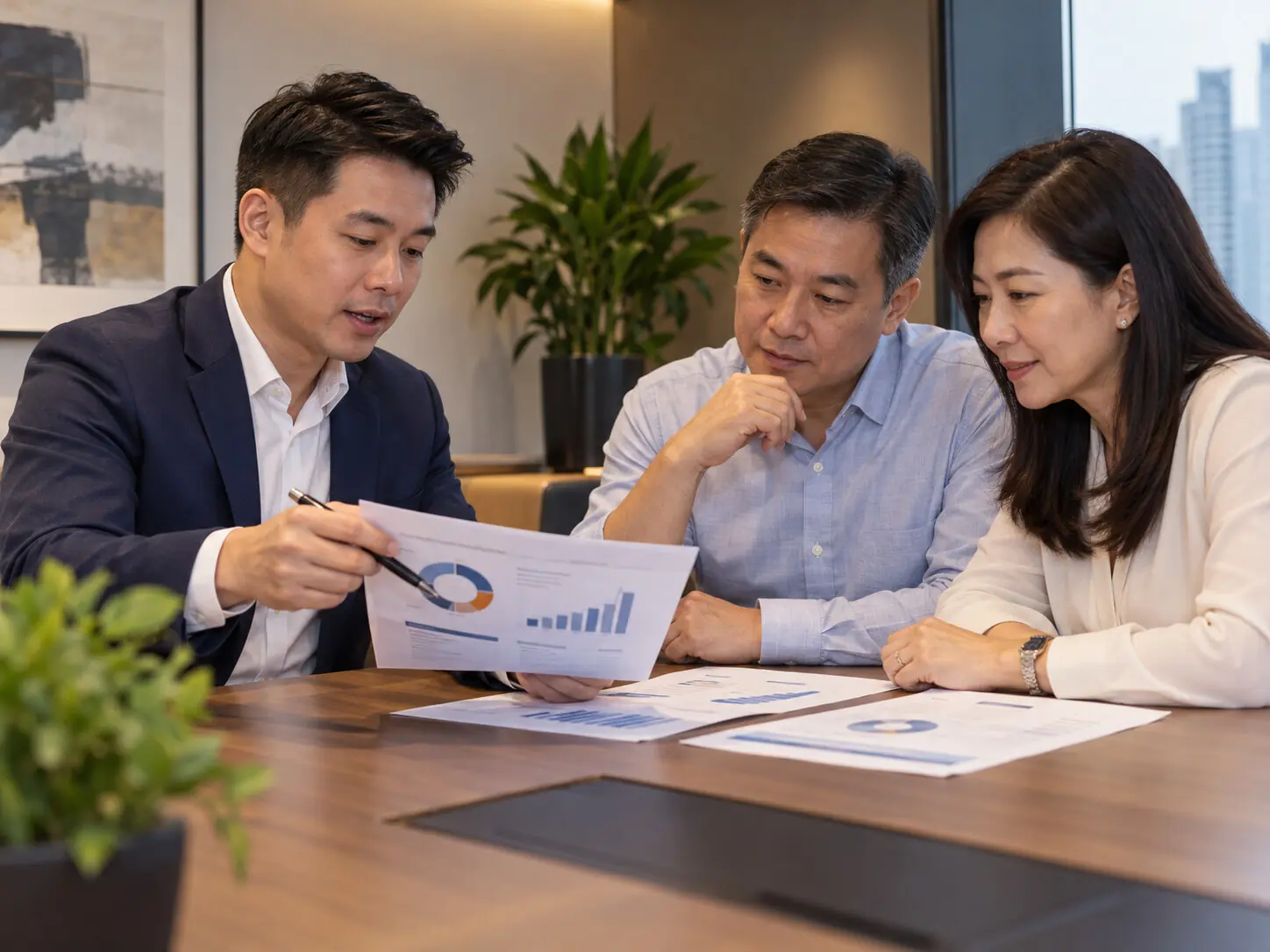 WillsPlus advisor presenting a personalised wealth plan to a Singapore family