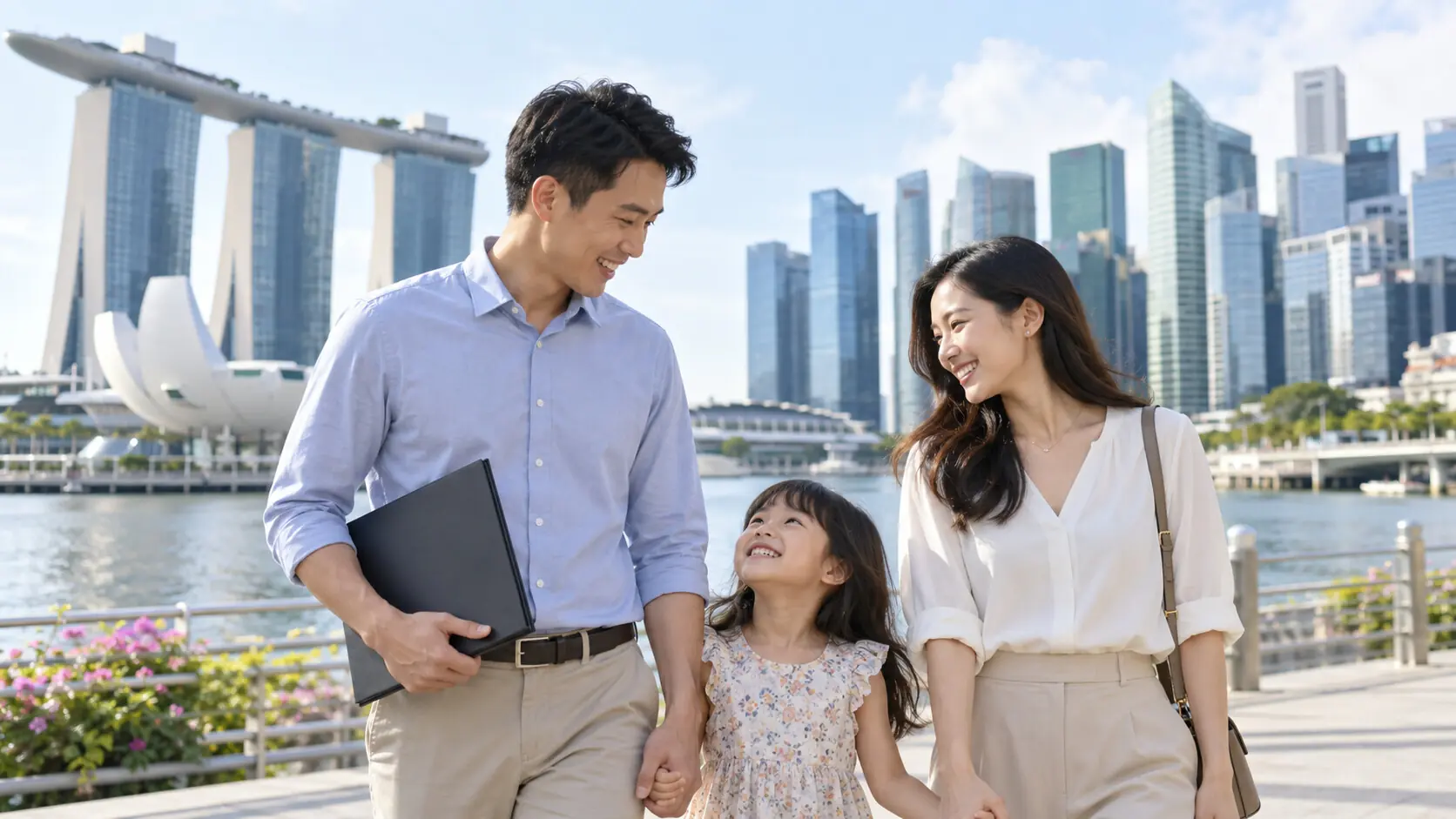 Asian family arriving in Singapore for permanent residency
